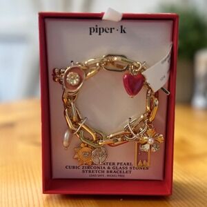 Piper K Gold Charm Stretch Bracelet Freshwater Pearl Cubic Zirconia Heart New